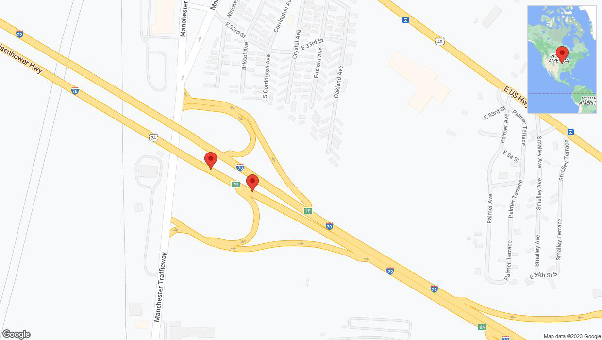 A detailed map that shows the affected road due to 'Broken down vehicle on eastbound I-70 in Kansas City' on October 4th at 11:26 p.m.