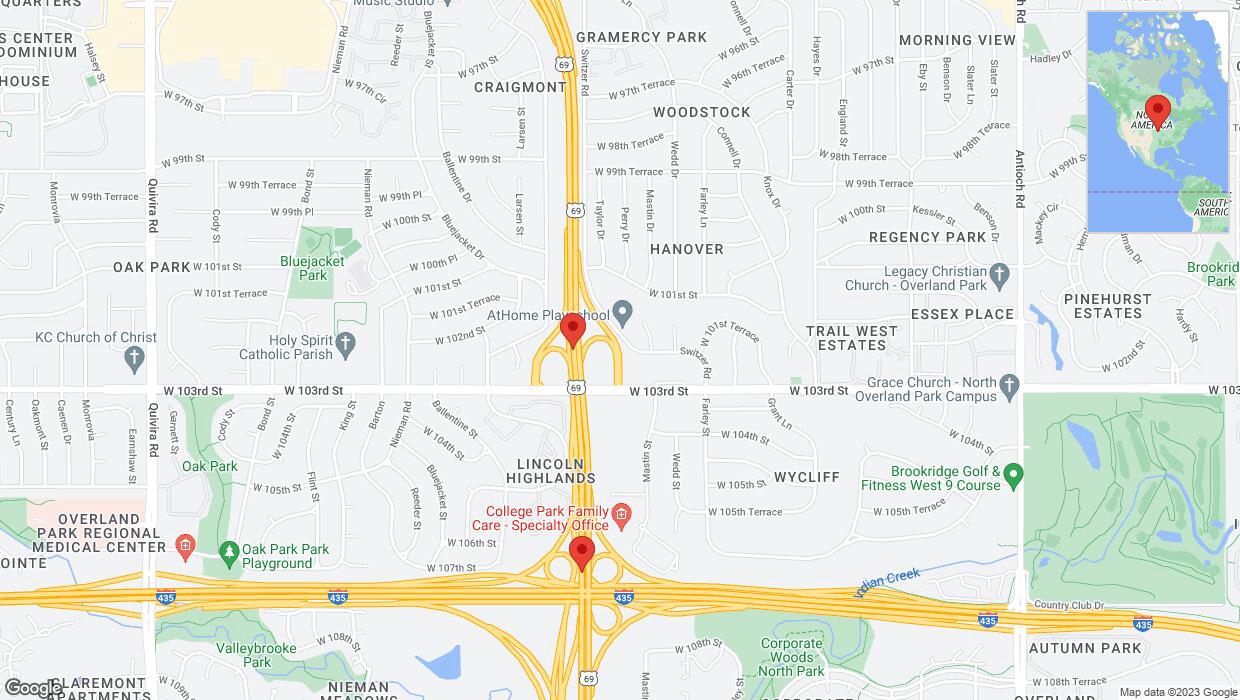 A detailed map that shows the affected road due to 'Lane on US-69 closed in Overland Park' on October 6th at 3:17 p.m.