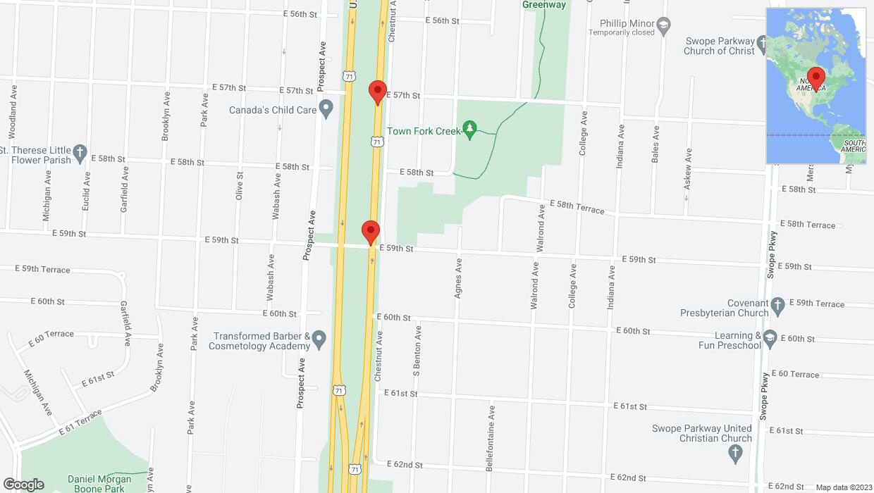 A detailed map that shows the affected road due to 'Broken down vehicle on northbound the Bruce R Watkins Expressway/US-71 in Kansas City' on October 5th at 1:42 p.m.