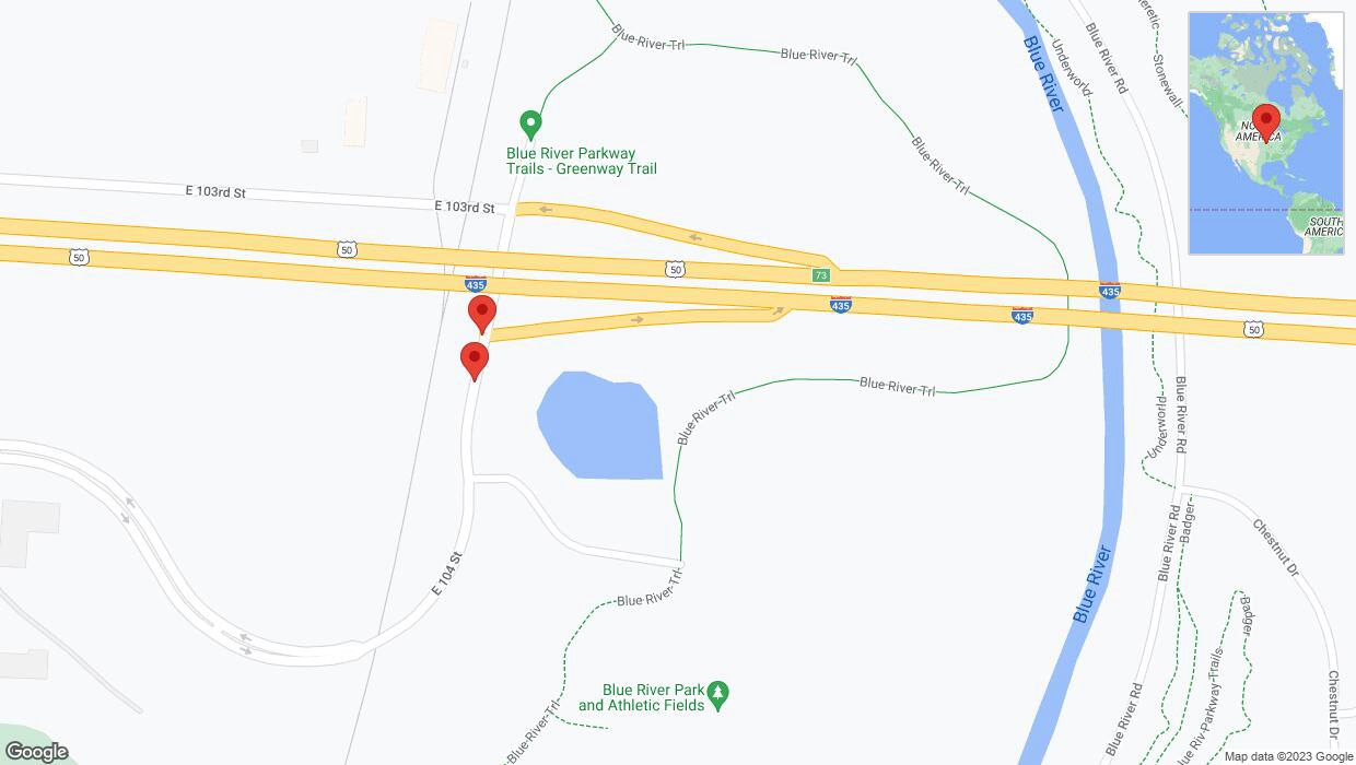 A detailed map that shows the affected road due to 'Broken down vehicle on East 104 Street in Kansas City' on October 5th at 3:18 p.m.