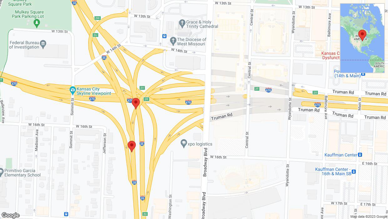 A detailed map that shows the affected road due to 'Broken down vehicle on the Monarch Highway in Kansas City' on October 5th at 3:42 p.m.