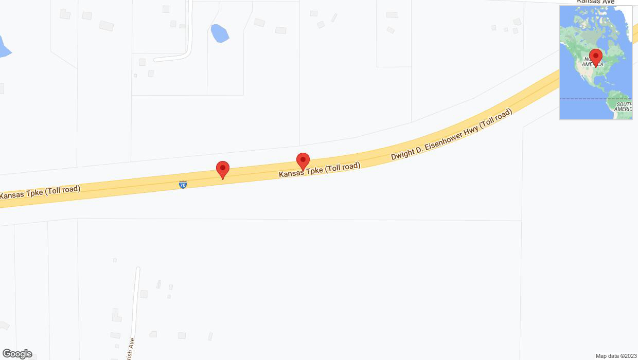 A detailed map that shows the affected road due to 'Broken down vehicle on eastbound I-70 in Bonner Springs' on October 5th at 6:30 p.m.