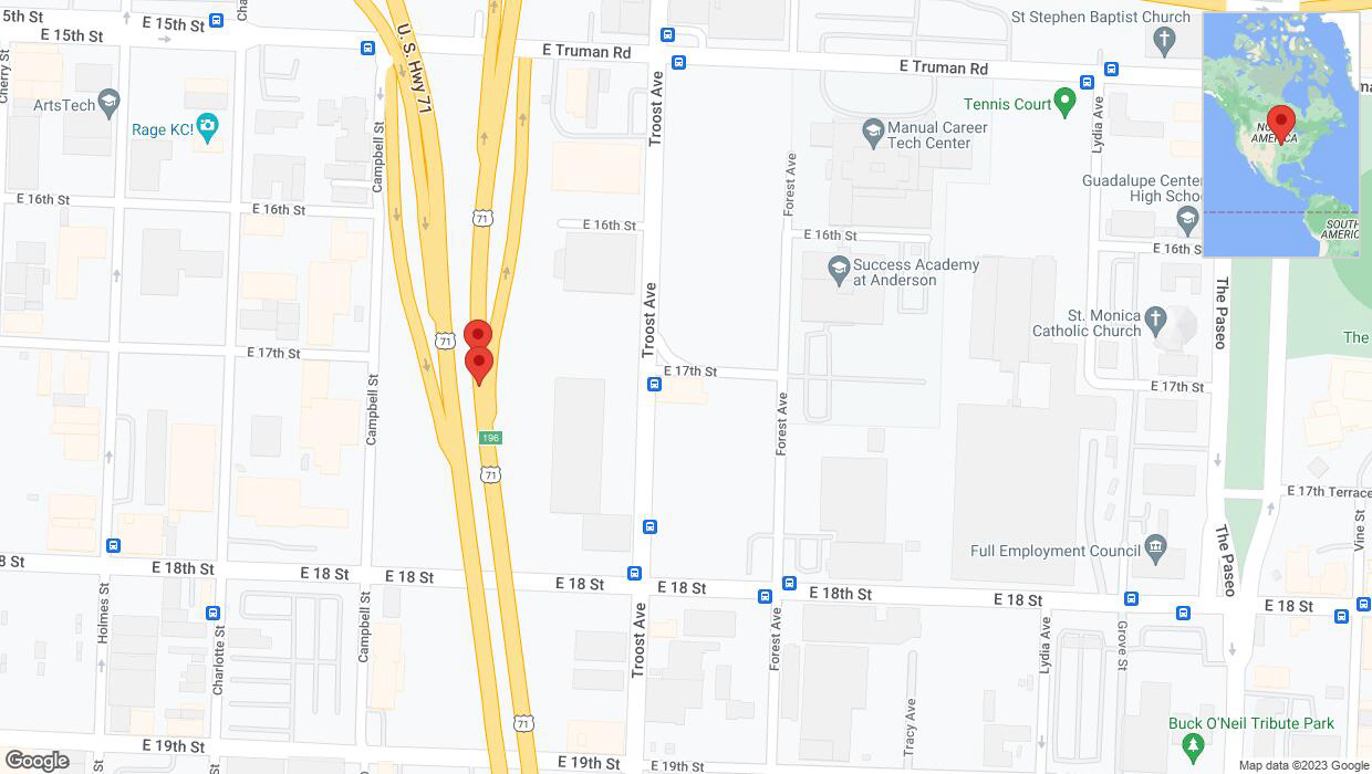 A detailed map that shows the affected road due to 'Crash reported on northbound US-71 in Kansas City' on October 5th at 6:36 p.m.