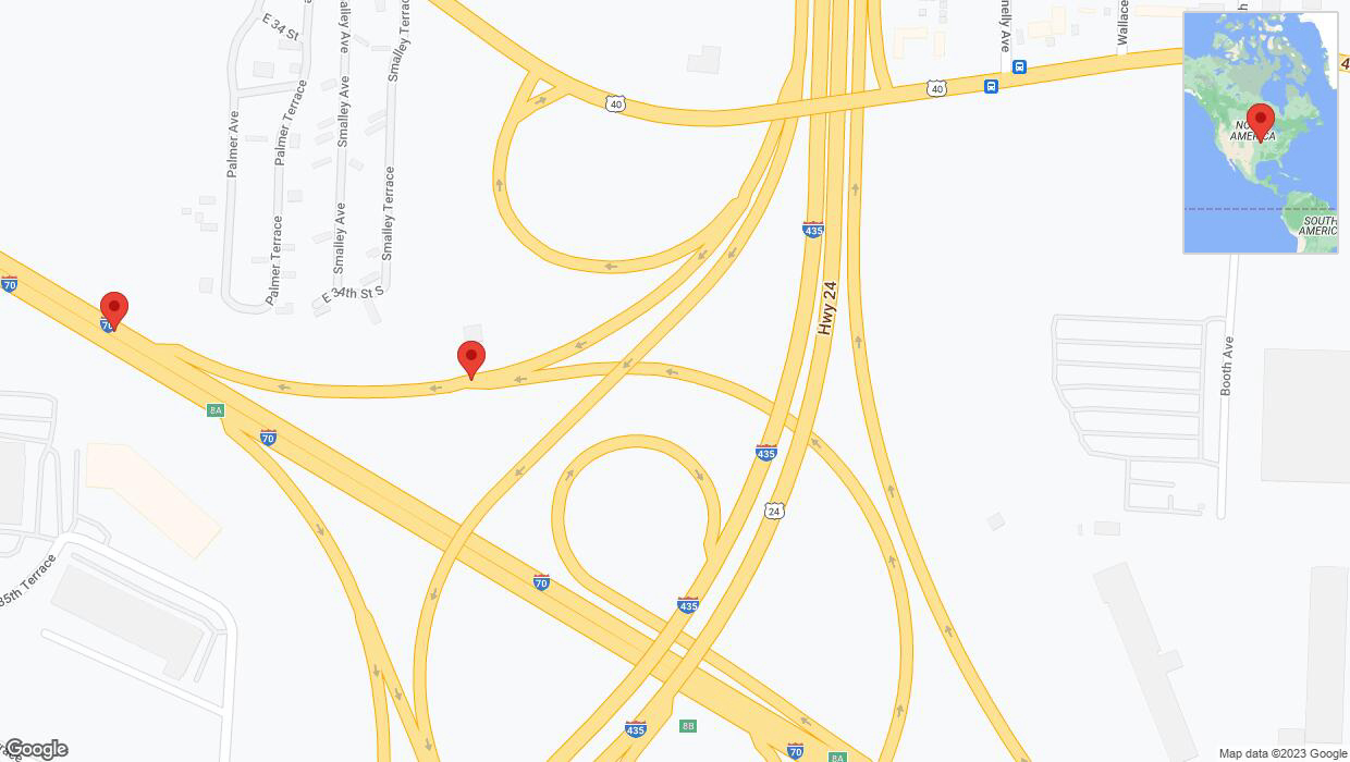 A detailed map that shows the affected road due to 'Broken down vehicle on the East US Highway 40 in Kansas City' on October 5th at 7 p.m.