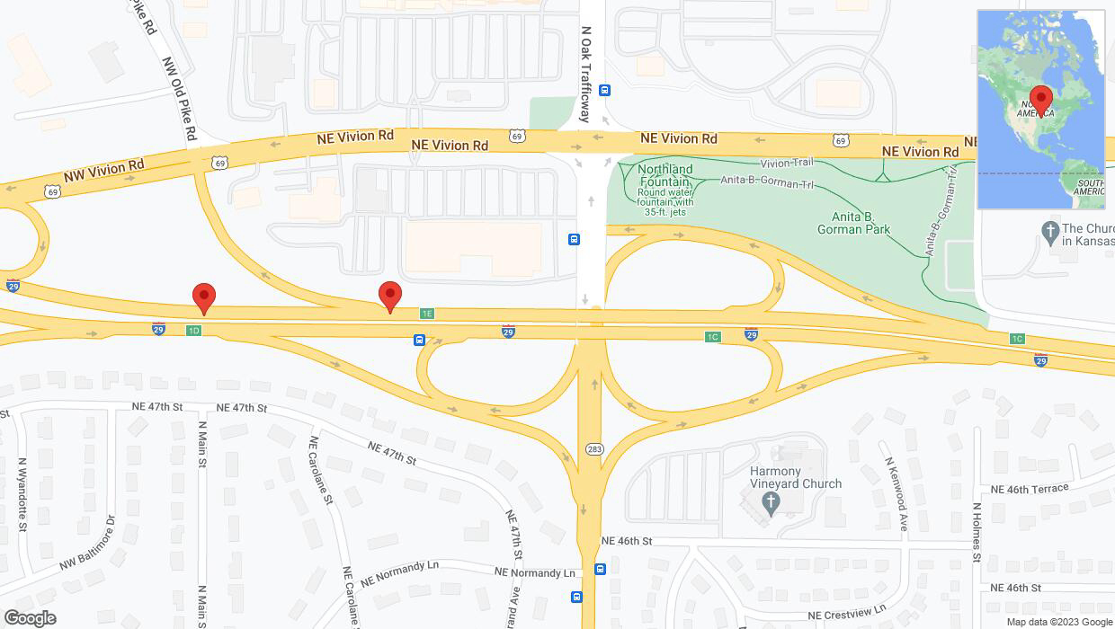A detailed map that shows the affected road due to 'Broken down vehicle on northbound I-29 in Kansas City' on October 6th at 11:23 p.m.
