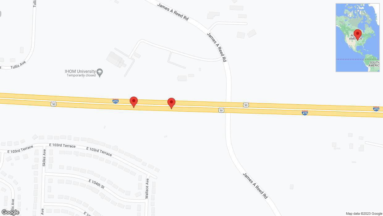 A detailed map that shows the affected road due to 'Broken down vehicle on eastbound I-470 in Kansas City' on October 6th at 12:36 p.m.