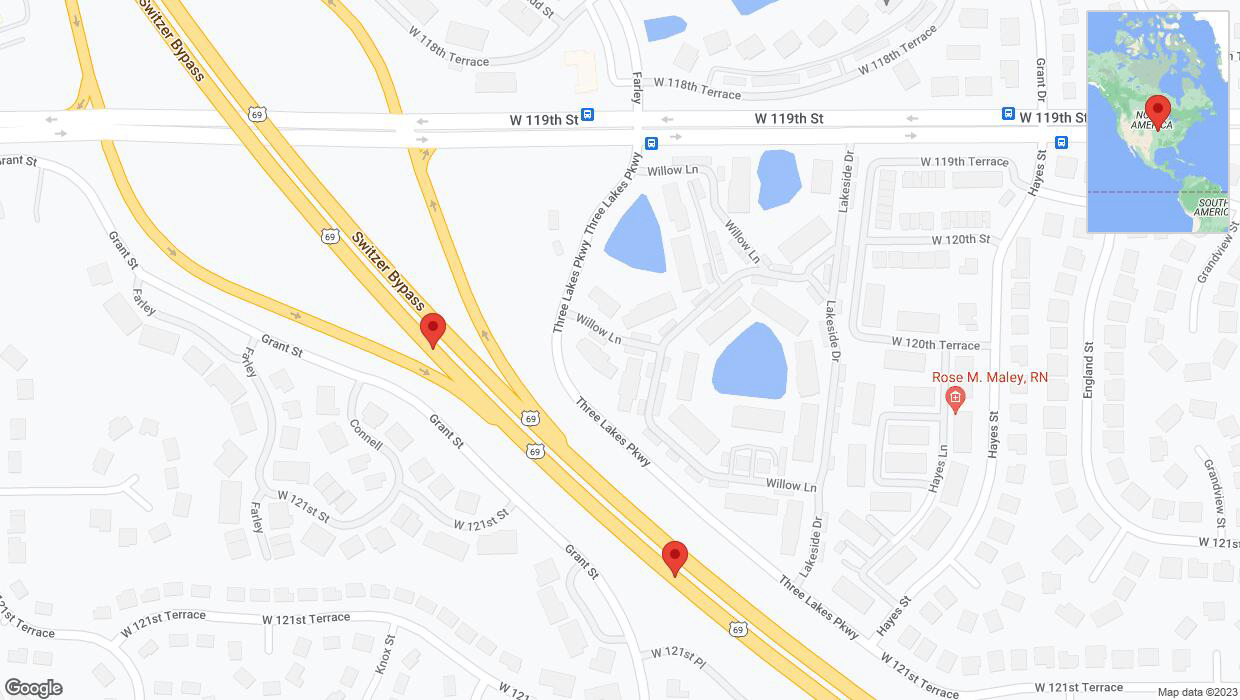 A detailed map that shows the affected road due to 'Lane on US-69 closed in Overland Park' on October 6th at 1:17 p.m.