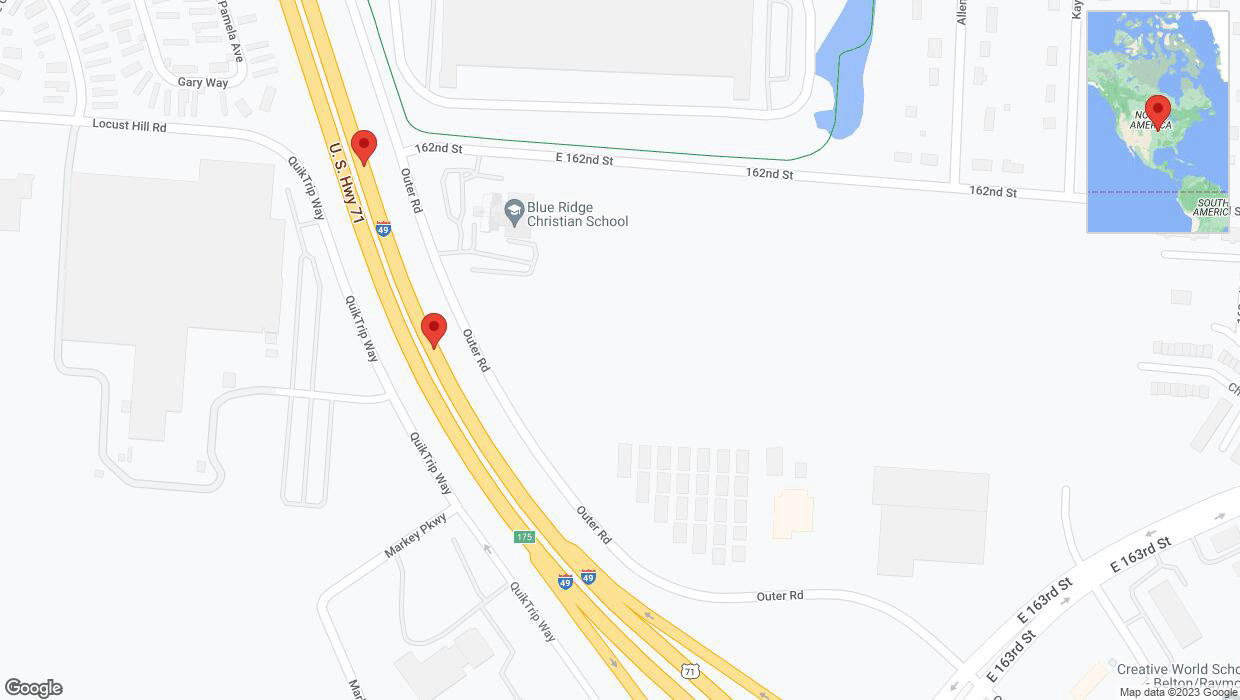 A detailed map that shows the affected road due to 'Broken down vehicle on northbound I-40/US-71 in Belton' on October 6th at 1:53 p.m.