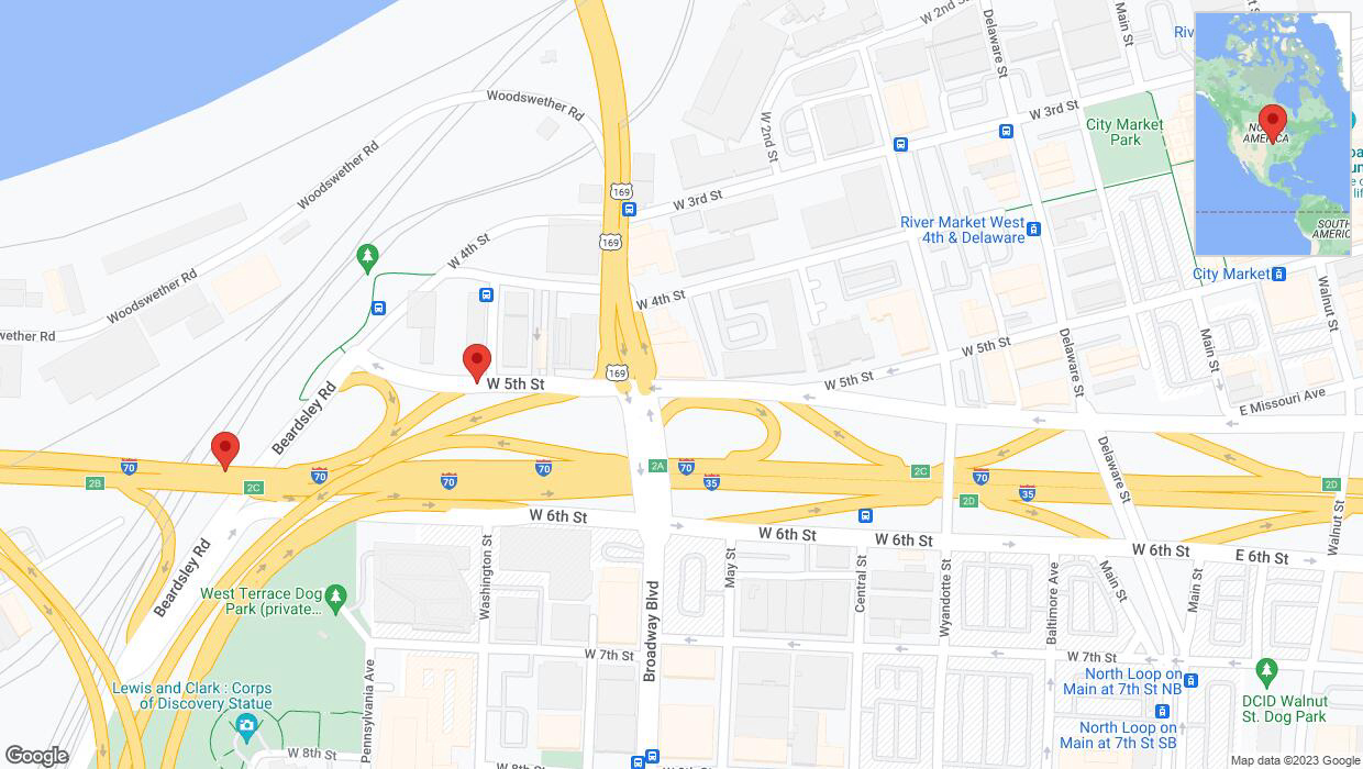 A detailed map that shows the affected road due to 'US-169 South: bridge closed between West Fifth Street and I-70 West' on October 6th at 2:17 p.m.