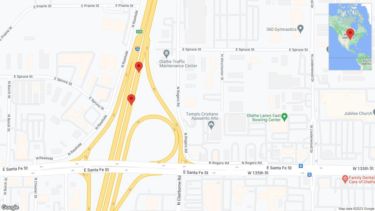 A detailed map that shows the affected road due to 'Broken down vehicle on eastbound I-35 in Olathe' on October 6th at 3:05 p.m.
