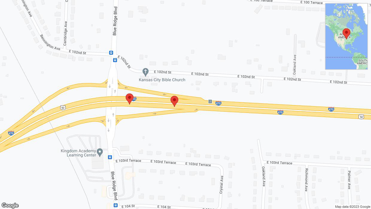 A detailed map that shows the affected road due to 'Broken down vehicle on eastbound I-470 in Kansas City' on October 6th at 3:47 p.m.