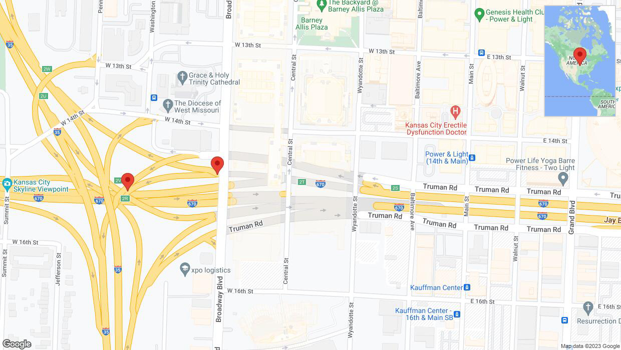 A detailed map that shows the affected road due to 'Broken down vehicle on Broadway Boulevard in Kansas City' on October 6th at 6:05 p.m.