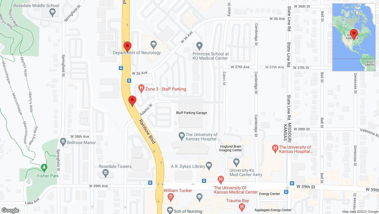 A detailed map that shows the affected road due to 'Lane on Rainbow Boulevard/US-169 closed in Kansas City' on October 6th at 7:23 p.m.
