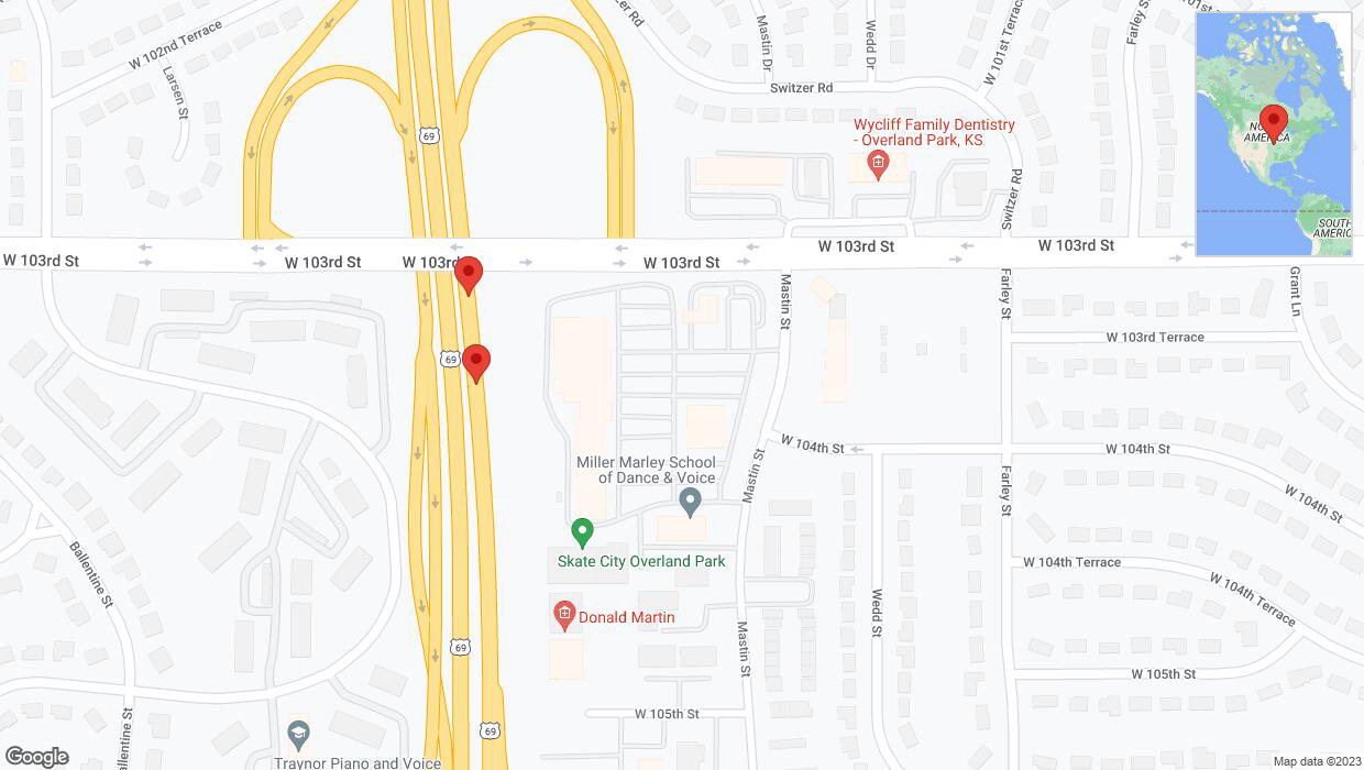 A detailed map that shows the affected road due to 'Warning in Overland Park: Crash reported on northbound US-69' on October 7th at 2:34 p.m.