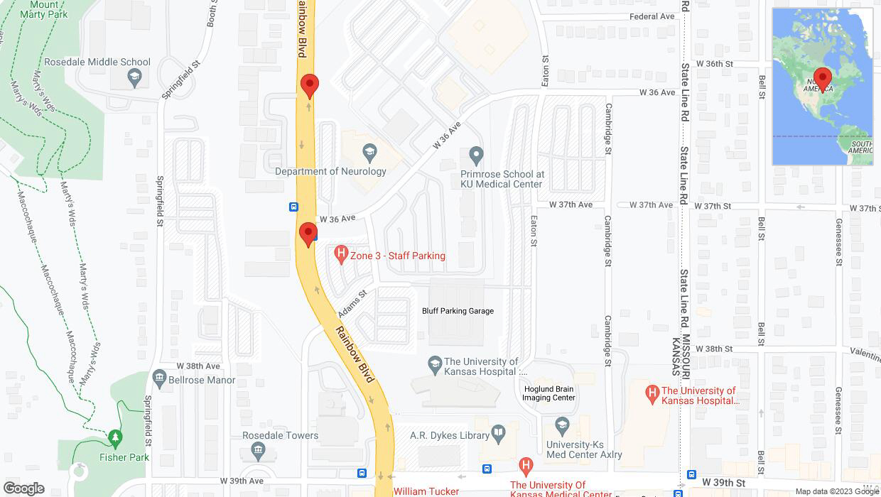 A detailed map that shows the affected road due to 'Lane on Rainbow Boulevard/US-169 closed in Kansas City' on October 7th at 7:23 p.m.
