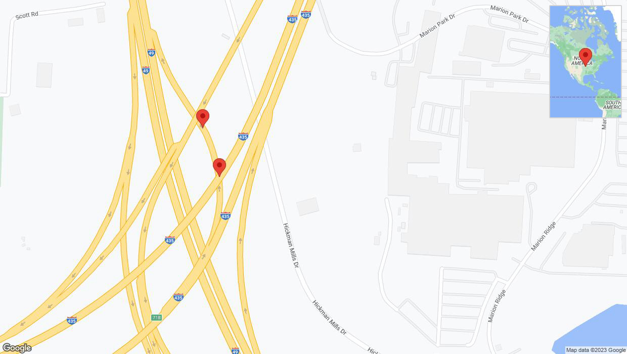 A detailed map that shows the affected road due to 'Broken down vehicle on Hickman Mills Drive in Kansas City' on October 7th at 4:53 p.m.