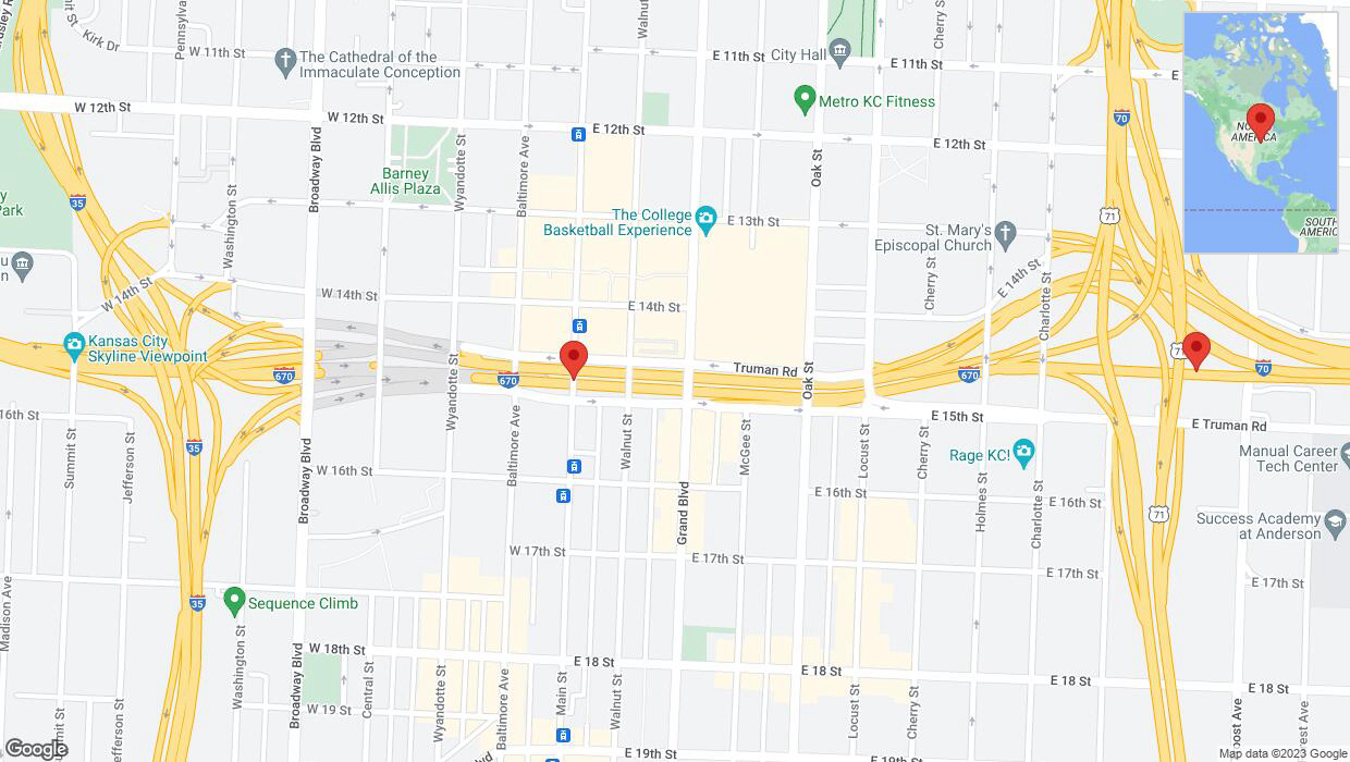 A detailed map that shows the affected road due to 'Warning in Kansas City: Crash reported on eastbound I-670' on October 7th at 7:53 p.m.