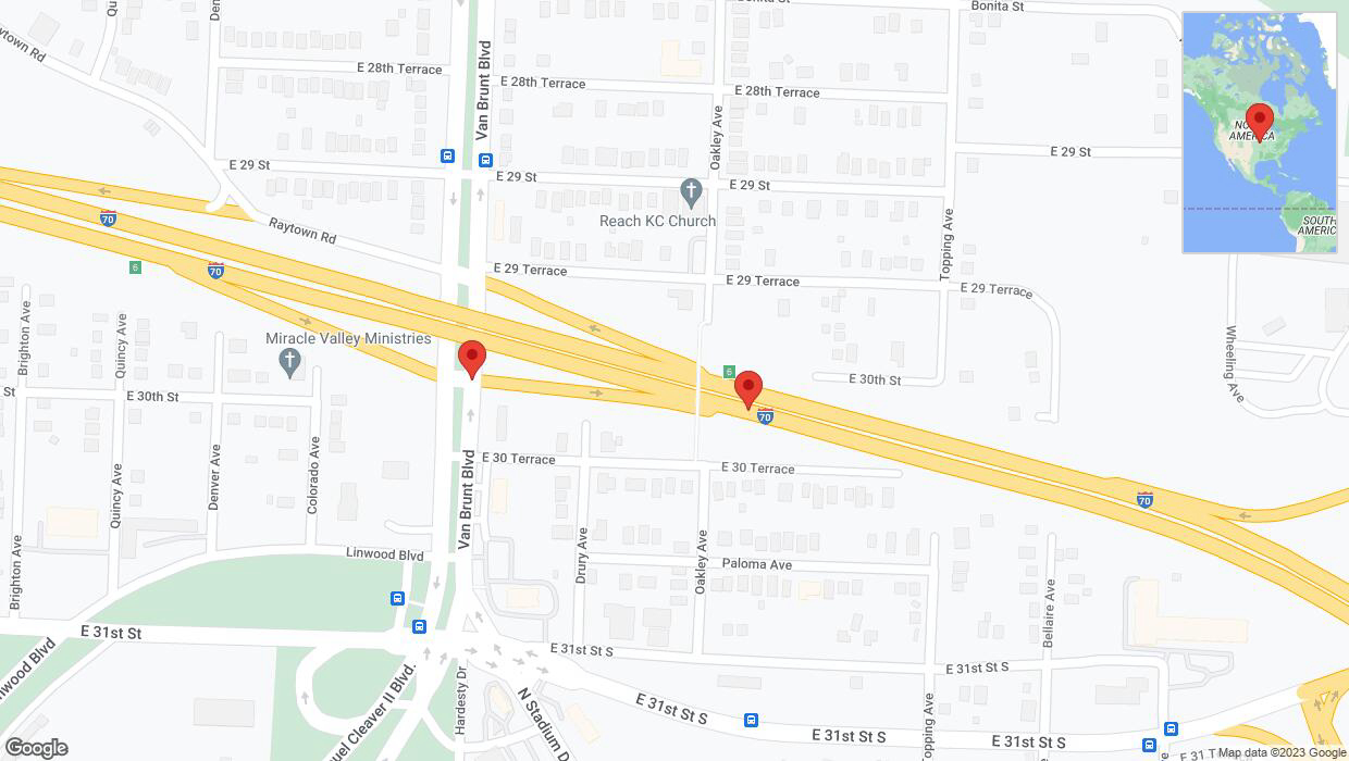 A detailed map that shows the affected road due to 'Warning in Kansas City: Crash reported on Van Brunt Boulevard' on October 7th at 8:41 p.m.