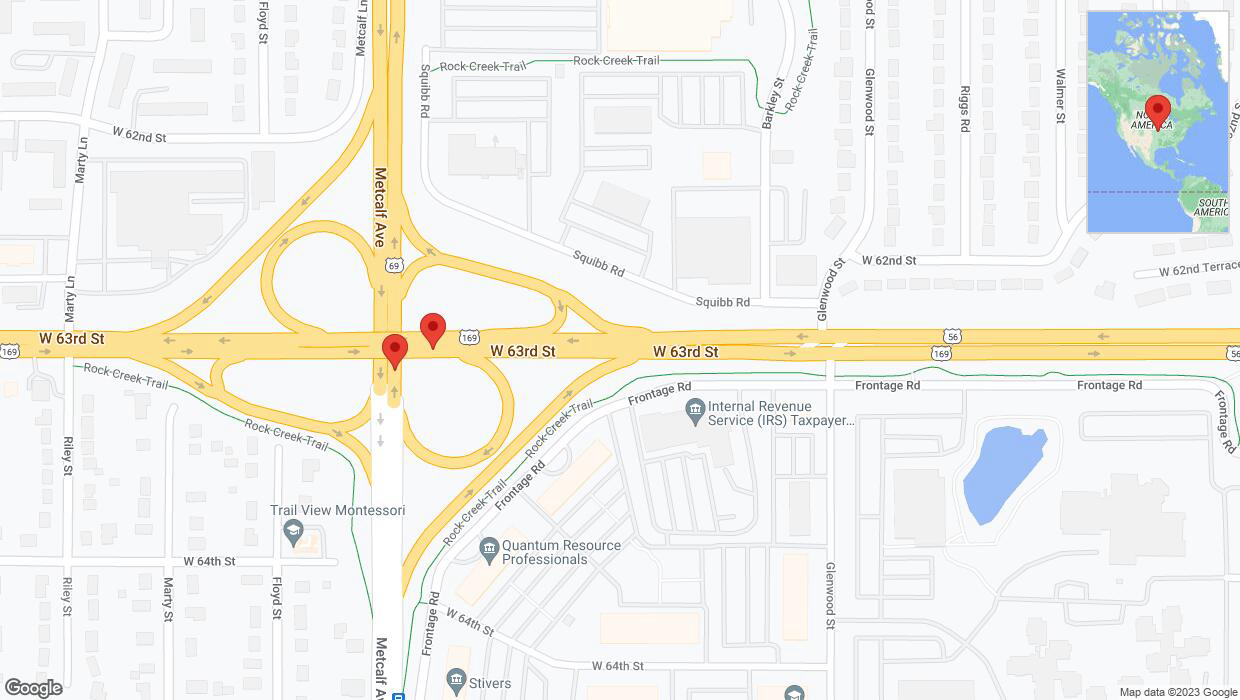 A detailed map that shows the affected road due to 'US-69 North closed in Overland Park' on October 7th at 9:53 p.m.