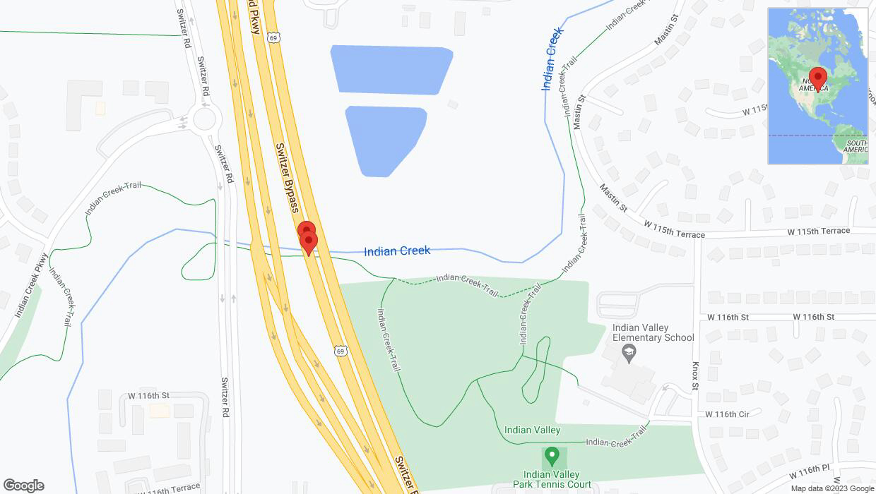 A detailed map that shows the affected road due to 'Lane on US-69 closed in Overland Park' on October 7th at 11:23 p.m.