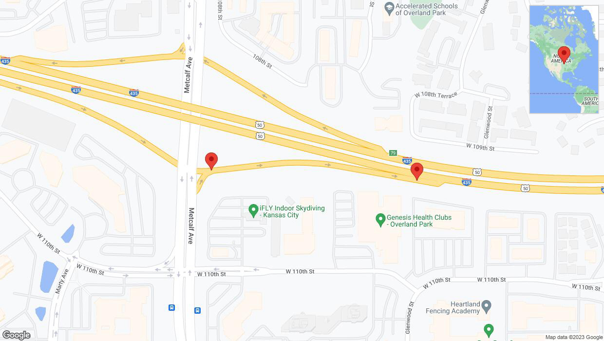 A detailed map that shows the affected road due to 'Broken down vehicle on Metcalf Avenue in Overland Park' on October 8th at 3:29 p.m.
