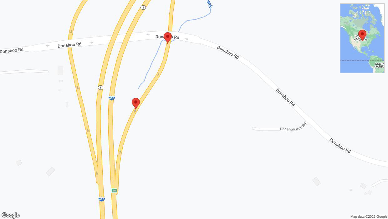 A detailed map that shows the affected road due to 'Warning in Kansas City: Crash reported on Donahoo Road' on October 8th at 4:11 p.m.