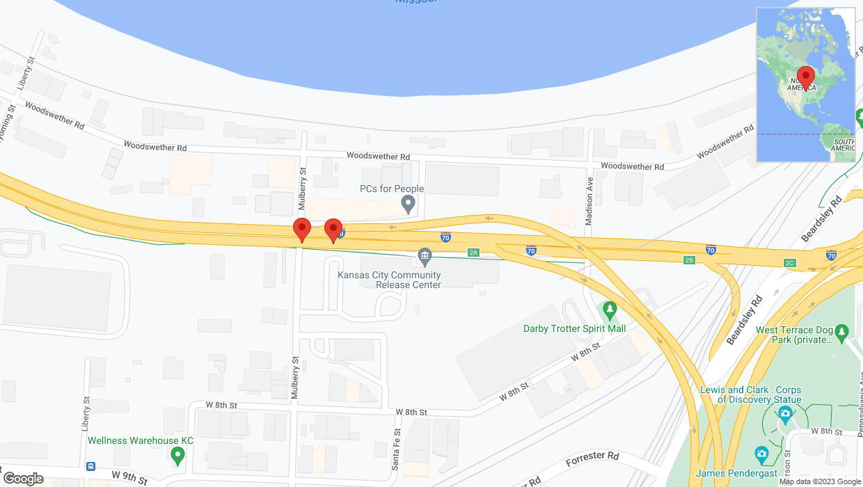 A detailed map that shows the affected road due to 'Broken down vehicle on eastbound I-70 in Kansas City' on October 8th at 5:59 p.m.