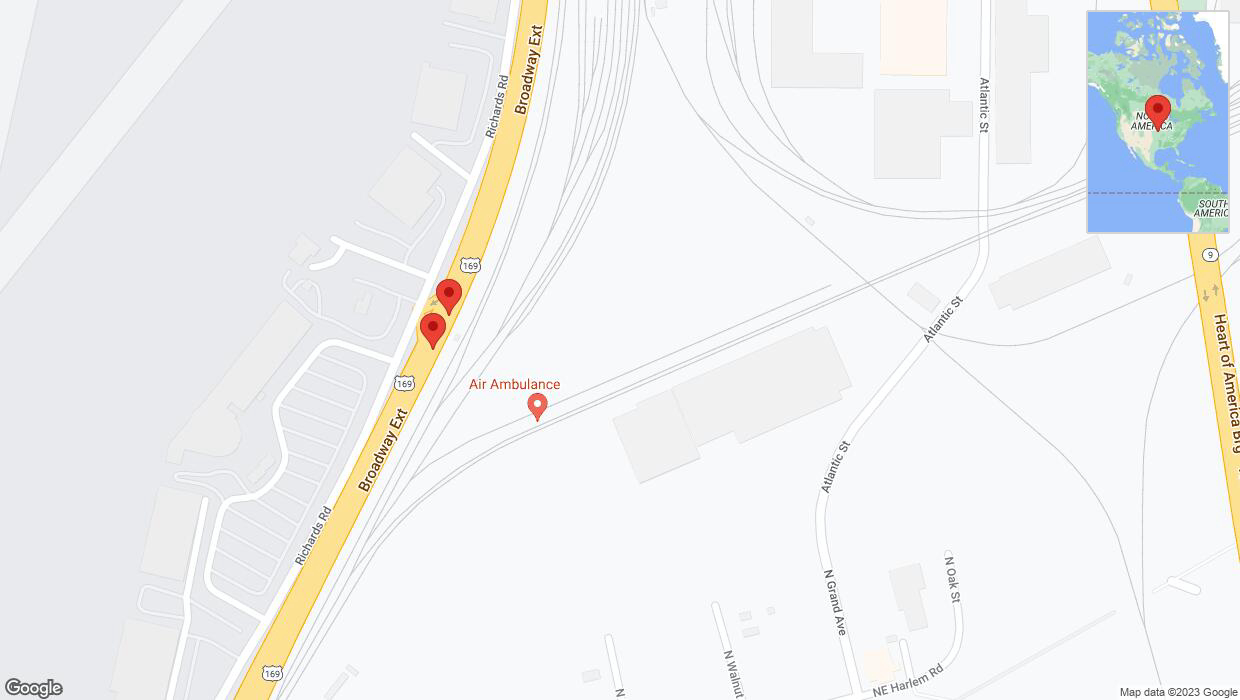 A detailed map that shows the affected road due to 'Broken down vehicle on northbound US-169 North in Kansas City' on October 8th at 9:59 p.m.