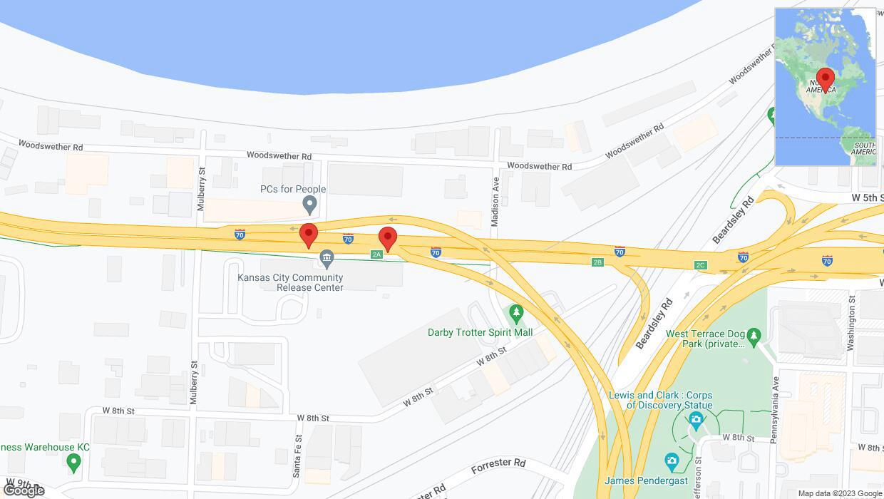 A detailed map that shows the affected road due to 'I-70: bridge closed between Third Street/James St/Exit 423 and I-35/Beardsley Road/Exit 2' on October 8th at 11:29 p.m.
