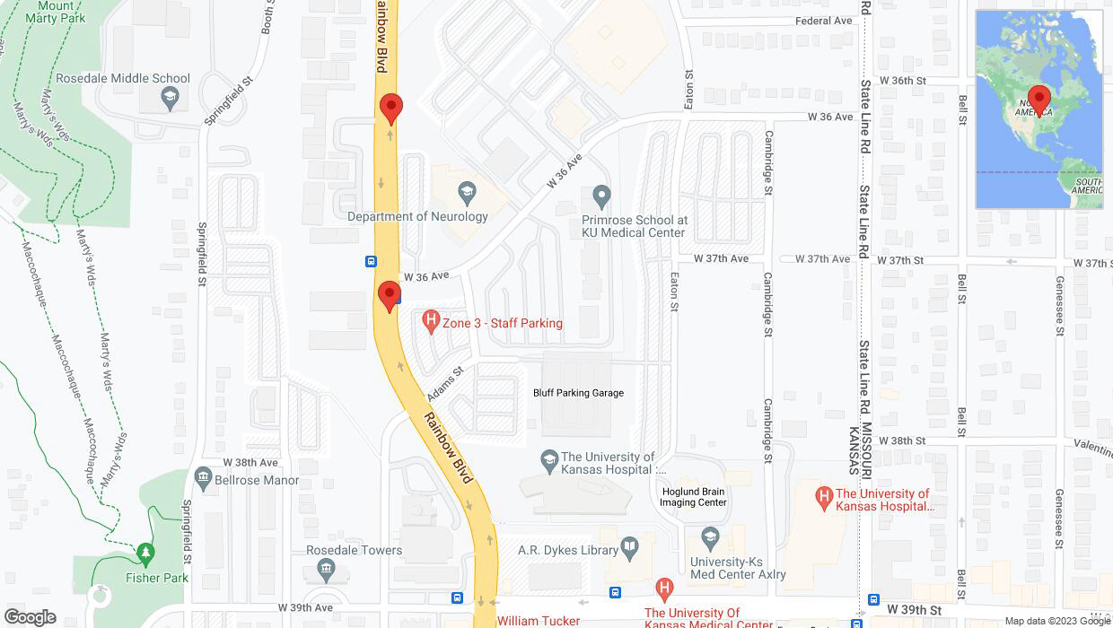 A detailed map that shows the affected road due to 'Lane on Rainbow Boulevard/US-169 closed in Kansas City' on October 10th at 7:10 p.m.