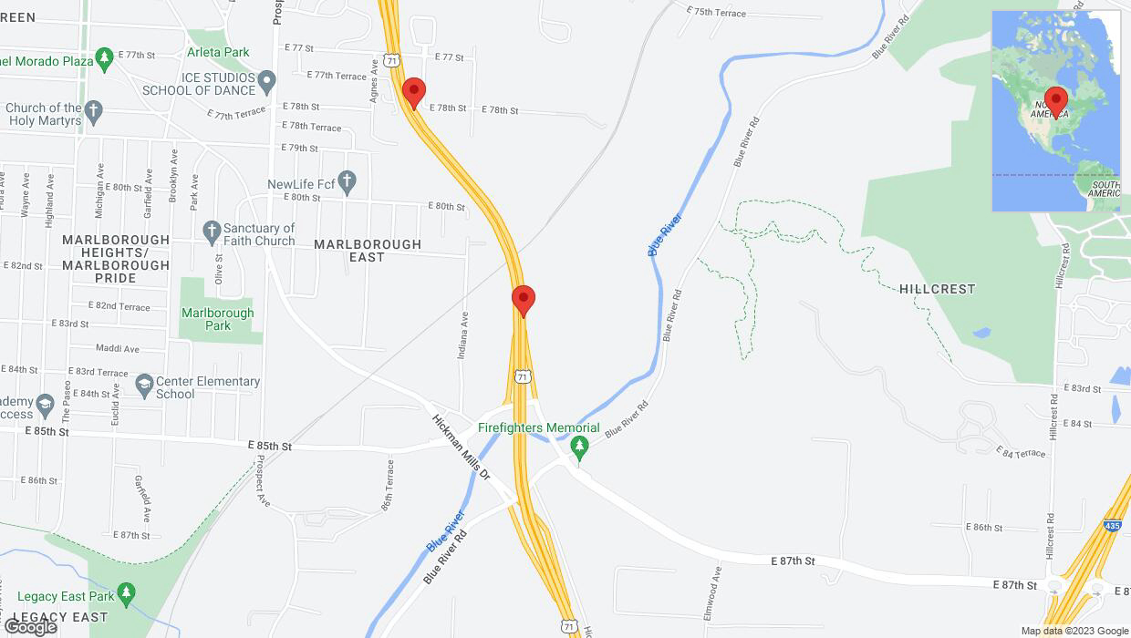 A detailed map that shows the affected road due to 'Broken down vehicle on northbound I-40/US-71 in Kansas City' on October 9th at 12:22 p.m.