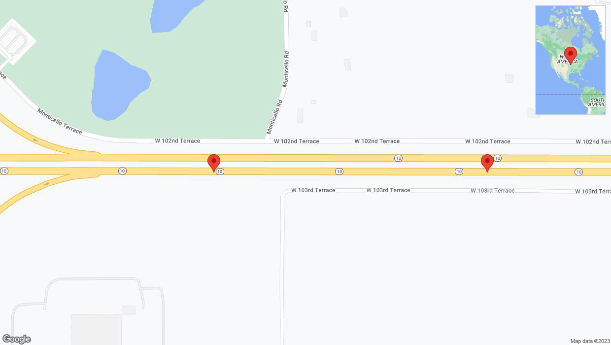 A detailed map that shows the affected road due to 'Broken down vehicle on eastbound K-10 in Lenexa' on October 10th at 8:25 p.m.