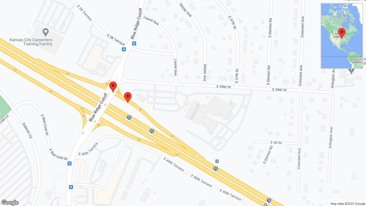 A detailed map that shows the affected road due to 'Broken down vehicle on East 39th Street in Kansas City' on October 9th at 3:10 p.m.