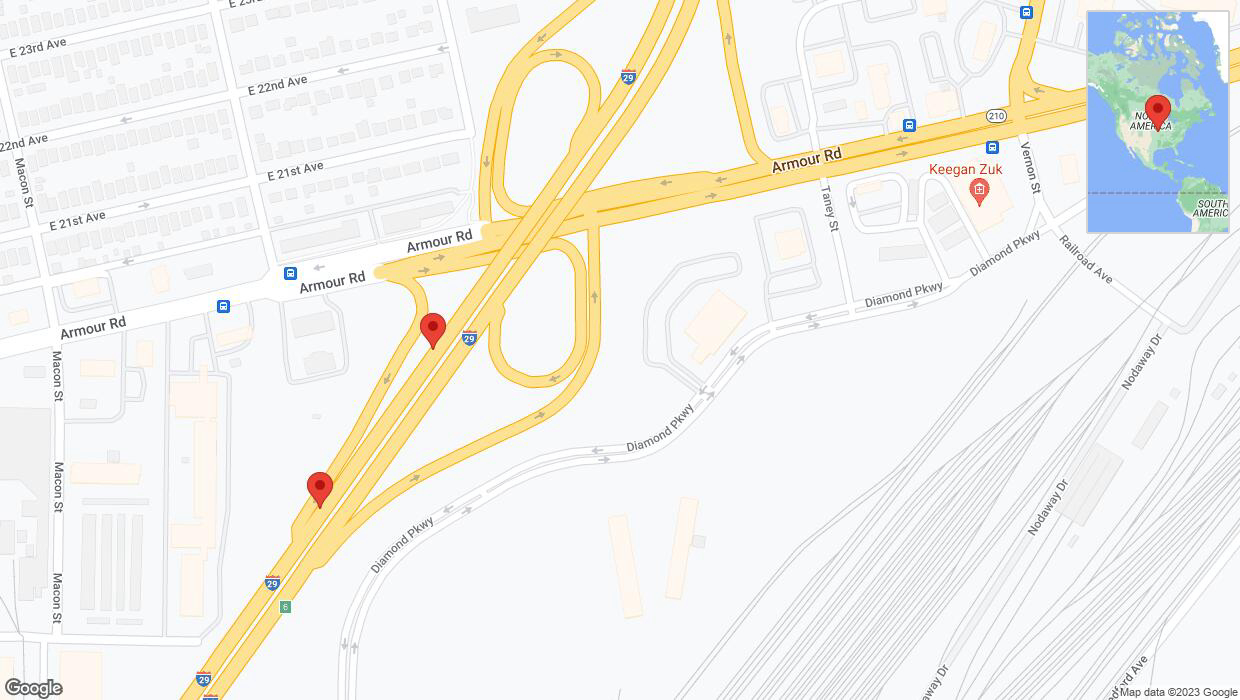 A detailed map that shows the affected road due to 'Broken down vehicle on southbound I-29/I-35 in North Kansas City' on October 9th at 3:10 p.m.