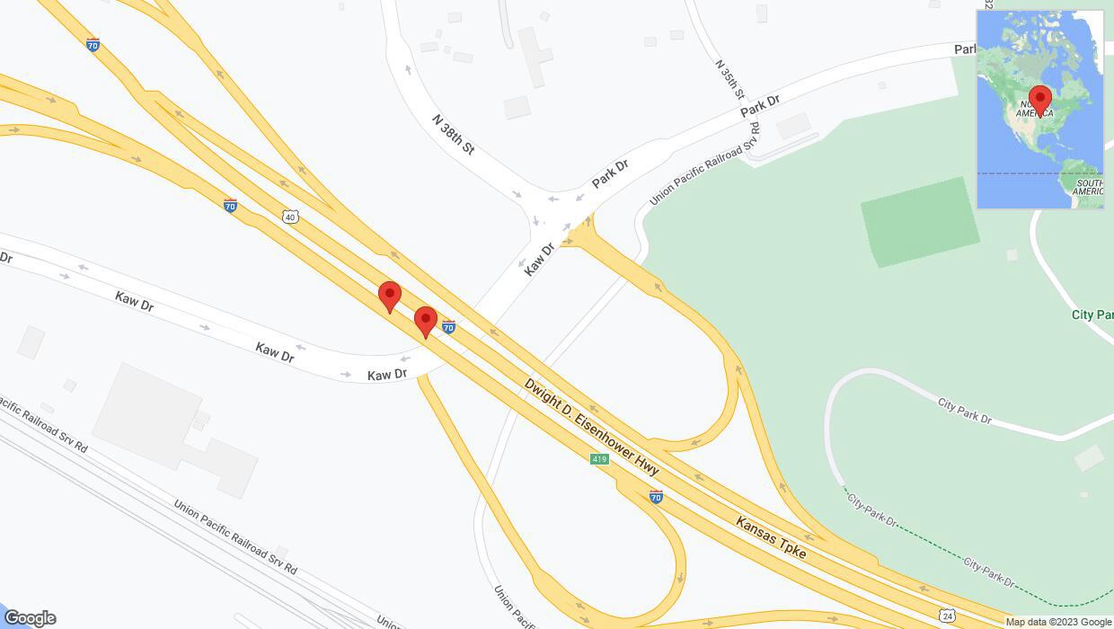 A detailed map that shows the affected road due to 'Broken down vehicle on eastbound I-70 in Kansas City' on October 9th at 4:04 p.m.