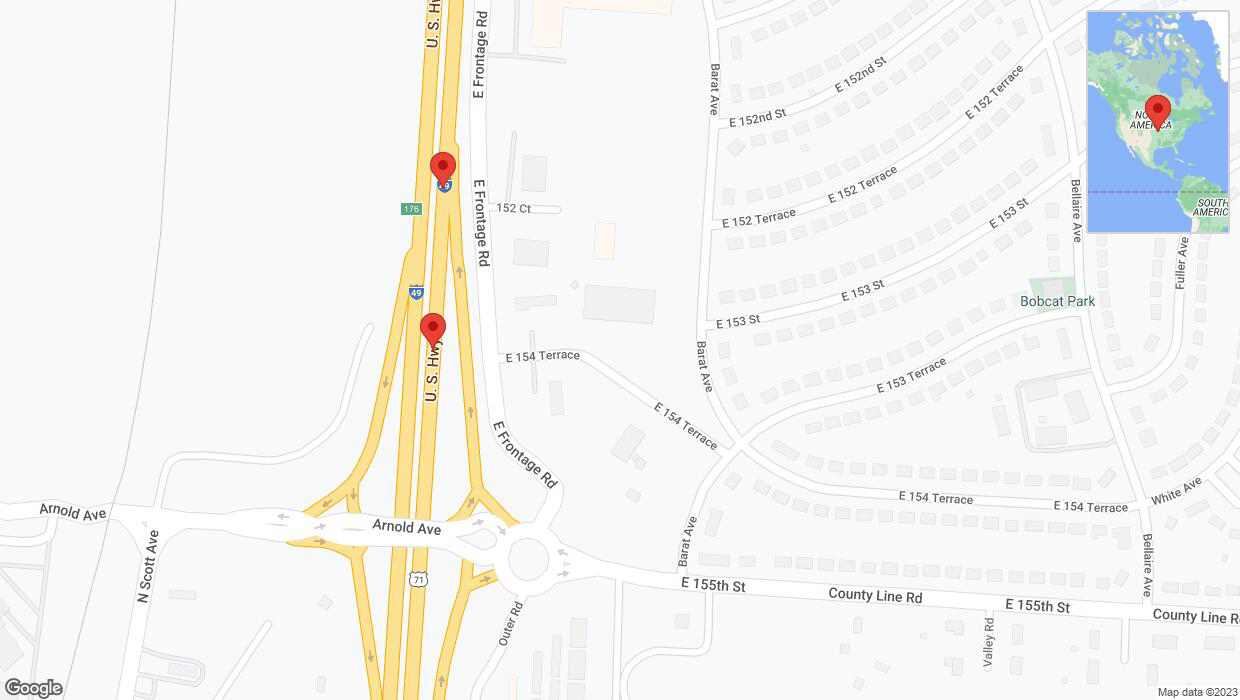 A detailed map that shows the affected road due to 'Broken down vehicle on northbound I-40/US-71 in Grandview' on October 9th at 4:52 p.m.