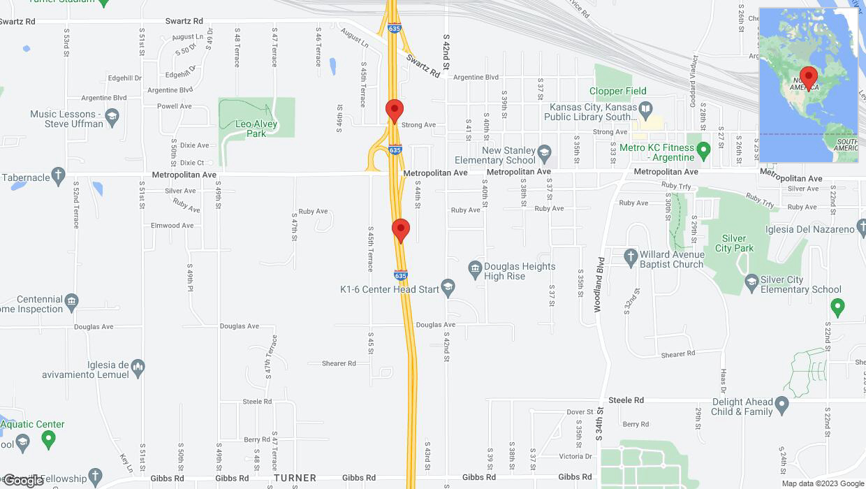A detailed map that shows the affected road due to 'Broken down vehicle on northbound I-635 in Kansas City' on October 9th at 5:46 p.m.