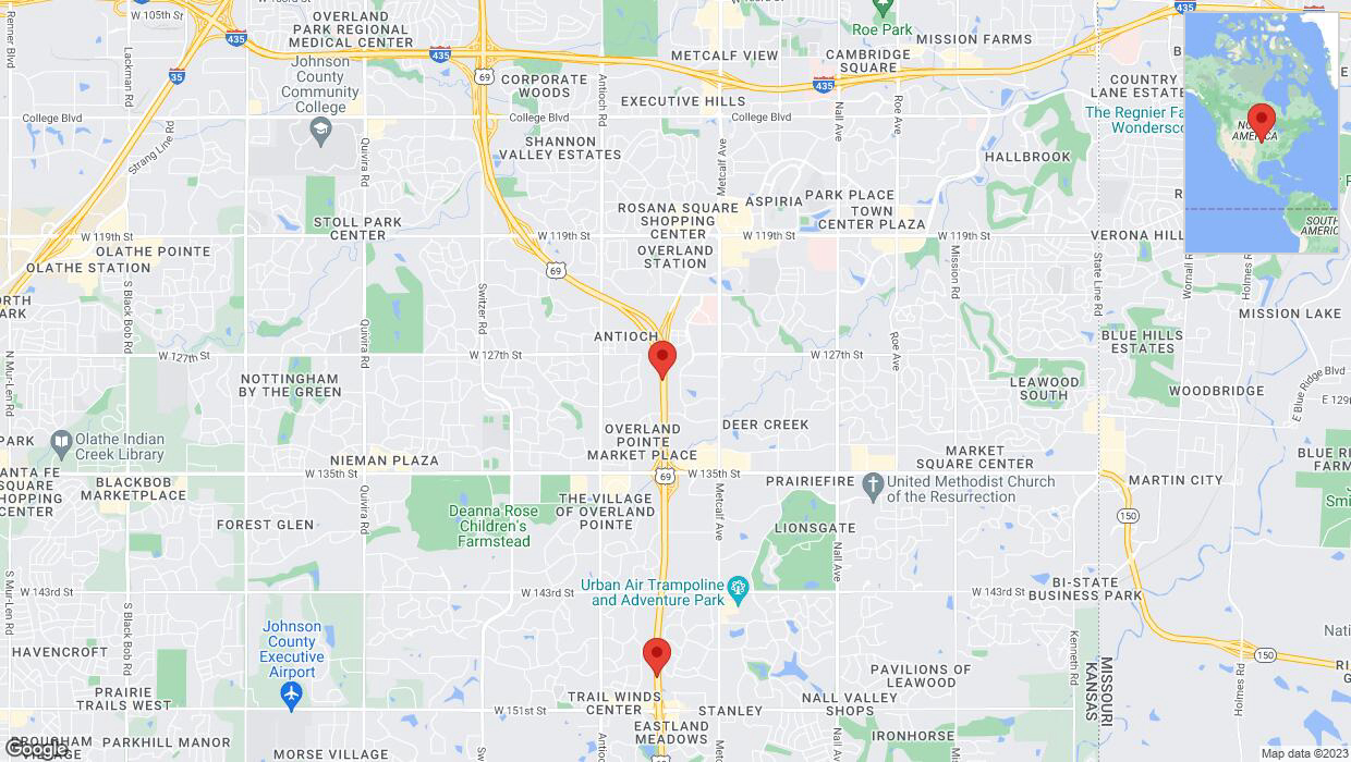 A detailed map that shows the affected road due to 'Lane on US-69 closed in Overland Park' on October 10th at 5:10 p.m.