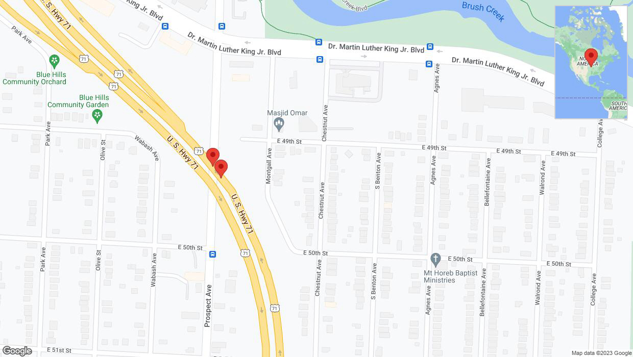 A detailed map that shows the affected road due to 'Broken down vehicle on northbound the Bruce R Watkins Expressway/US-71 in Kansas City' on October 9th at 9:10 p.m.