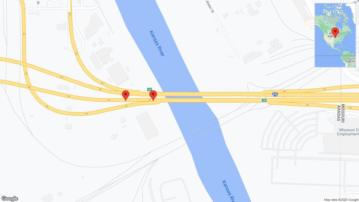 A detailed map that shows the affected road due to 'Broken down vehicle on eastbound I-670 in Kansas City' on October 10th at 2:34 p.m.
