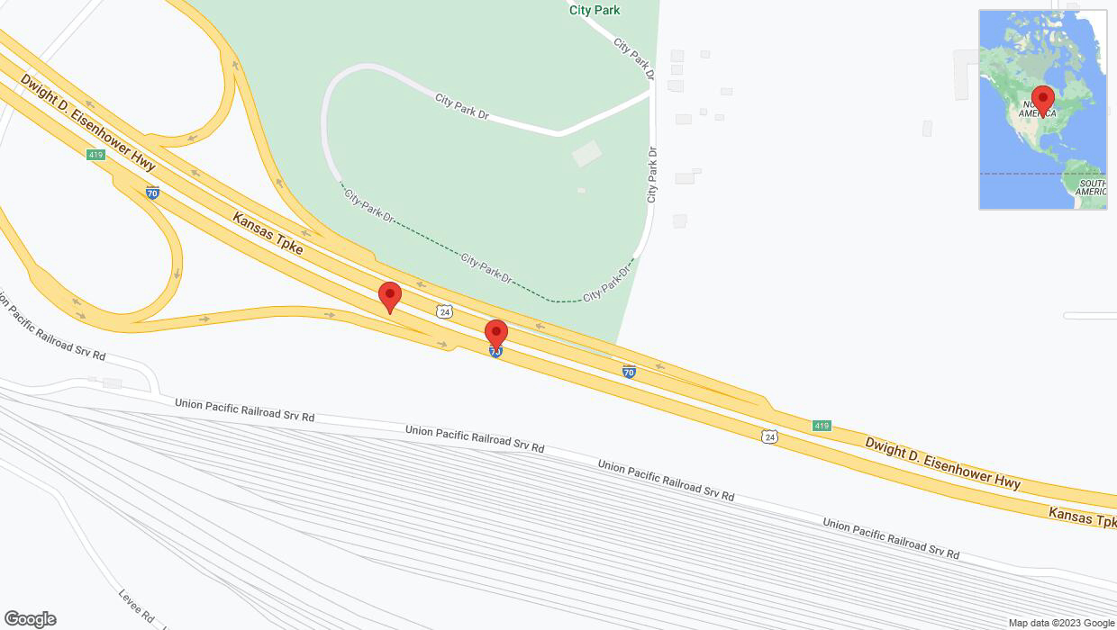 A detailed map that shows the affected road due to 'Broken down vehicle on eastbound I-70 in Kansas City' on October 10th at 7:10 p.m.