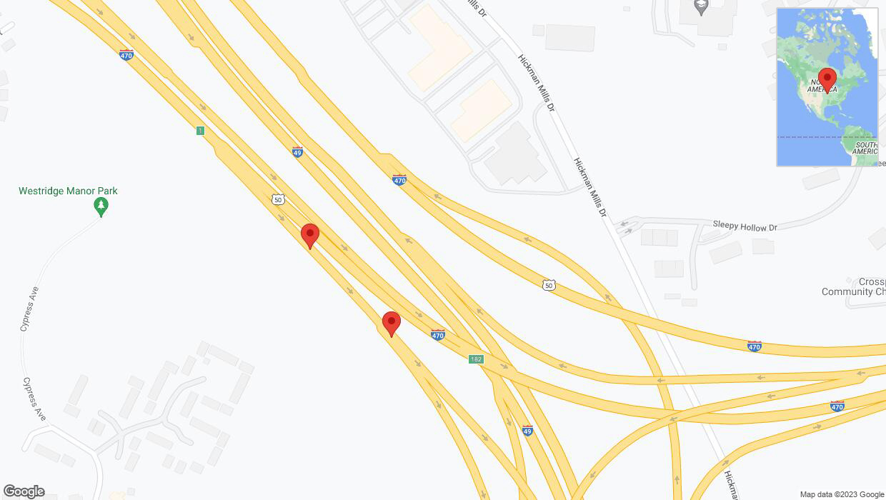 A detailed map that shows the affected road due to 'Broken down vehicle on U.S. 50 in Kansas City' on October 10th at 5:40 p.m.