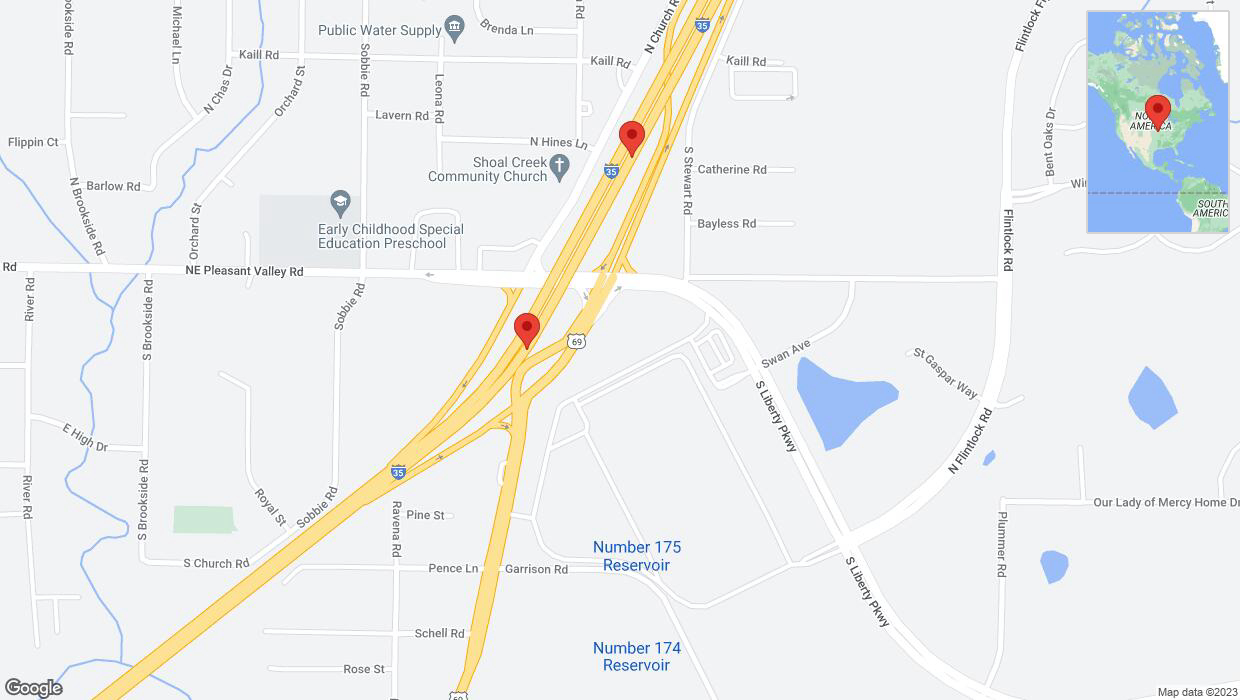 A detailed map that shows the affected road due to 'Broken down vehicle on northbound I-35 in Liberty' on October 10th at 6:04 p.m.