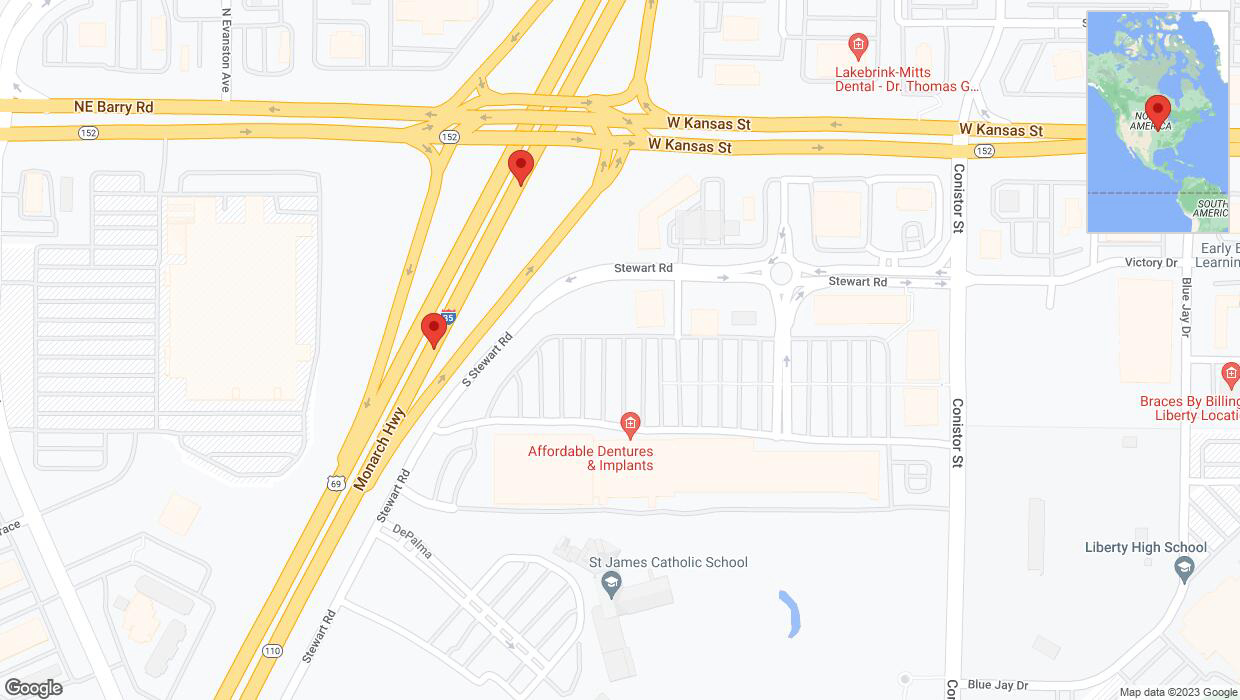 A detailed map that shows the affected road due to 'Broken down vehicle on northbound I-35 in Liberty' on October 10th at 7:10 p.m.
