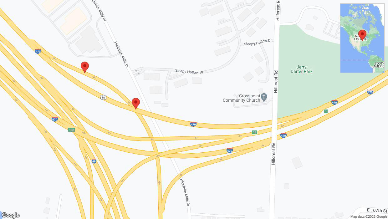 A detailed map that shows the affected road due to 'Broken down vehicle on I-470 West in Kansas City' on October 10th at 11:16 p.m.