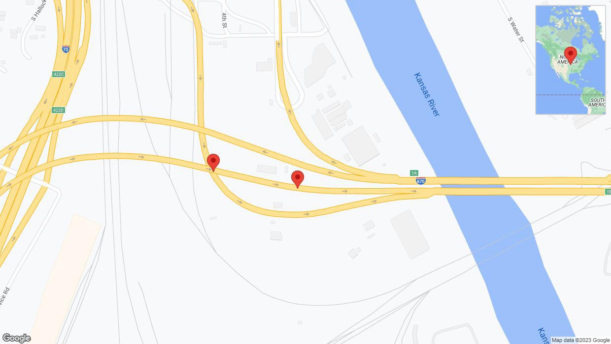 A detailed map that shows the affected road due to 'Broken down vehicle on eastbound I-670 in Kansas City' on October 11th at 2:51 p.m.