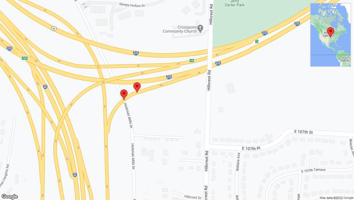 A detailed map that shows the affected road due to 'Broken down vehicle on Hickman Mills Drive in Kansas City' on October 11th at 6:21 p.m.