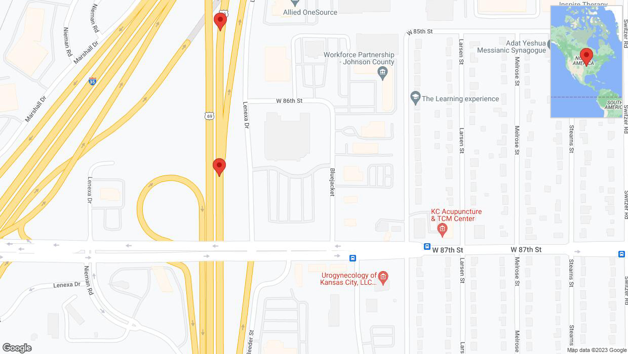 A detailed map that shows the affected road due to 'Broken down vehicle on northbound US-69 in Overland Park' on October 11th at 5:15 p.m.