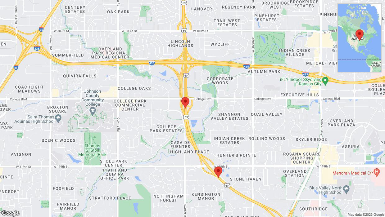 A detailed map that shows the affected road due to 'Lane on US-69 closed in Overland Park' on October 11th at 5:15 p.m.