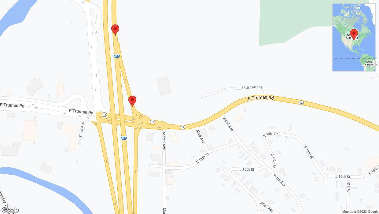 A detailed map that shows the affected road due to 'Broken down vehicle on East Truman Road in Kansas City' on October 11th at 6:27 p.m.